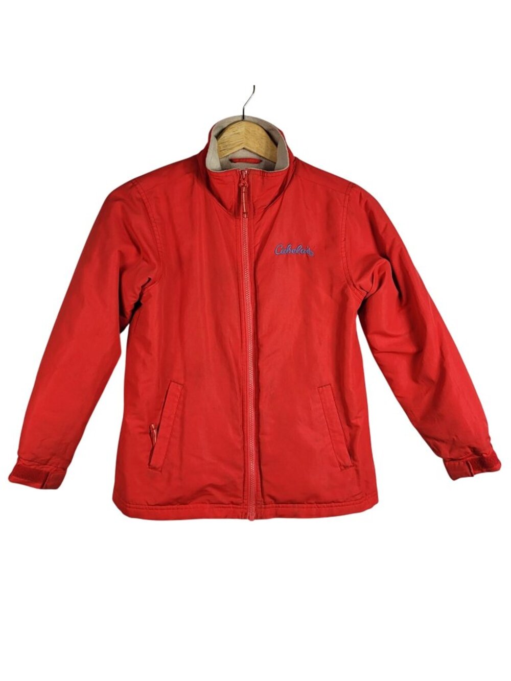 Cabela's Boys Full Zip Jacket Orange Fleece Lined High Collar Pockets Logo READ
